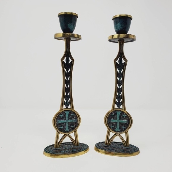 41. Vintage Holyland Jerusalem Brass Cross Candlesticks Holder Set of 2 - Picture 1 of 15